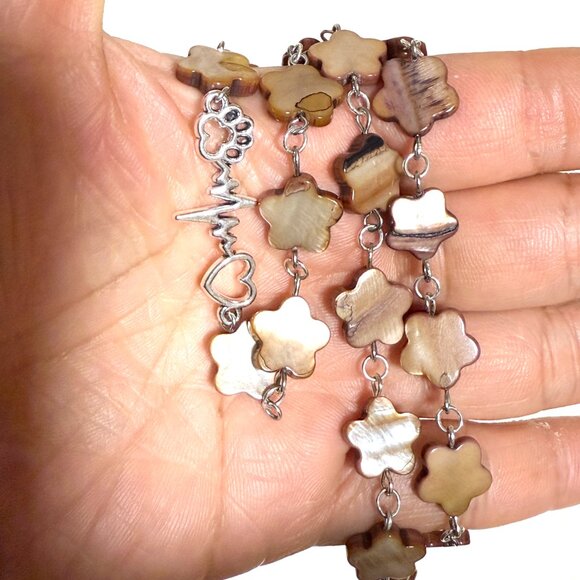 Caramel Mother of Pearl Flower Beaded Short Necklace+PawPrint Heart Beat Pendant - Picture 13 of 13